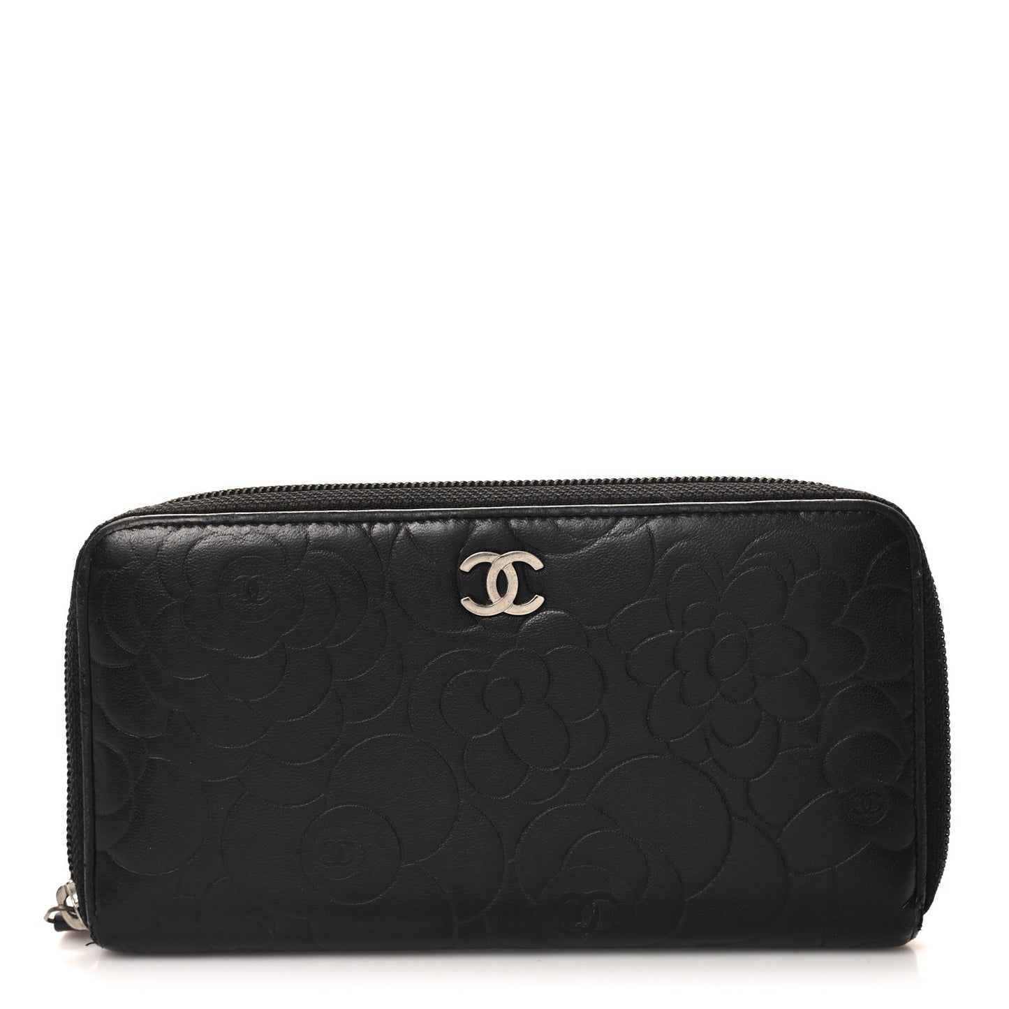 Lambskin Camellia Embossed Large Zip Around Gusset Wallet Black