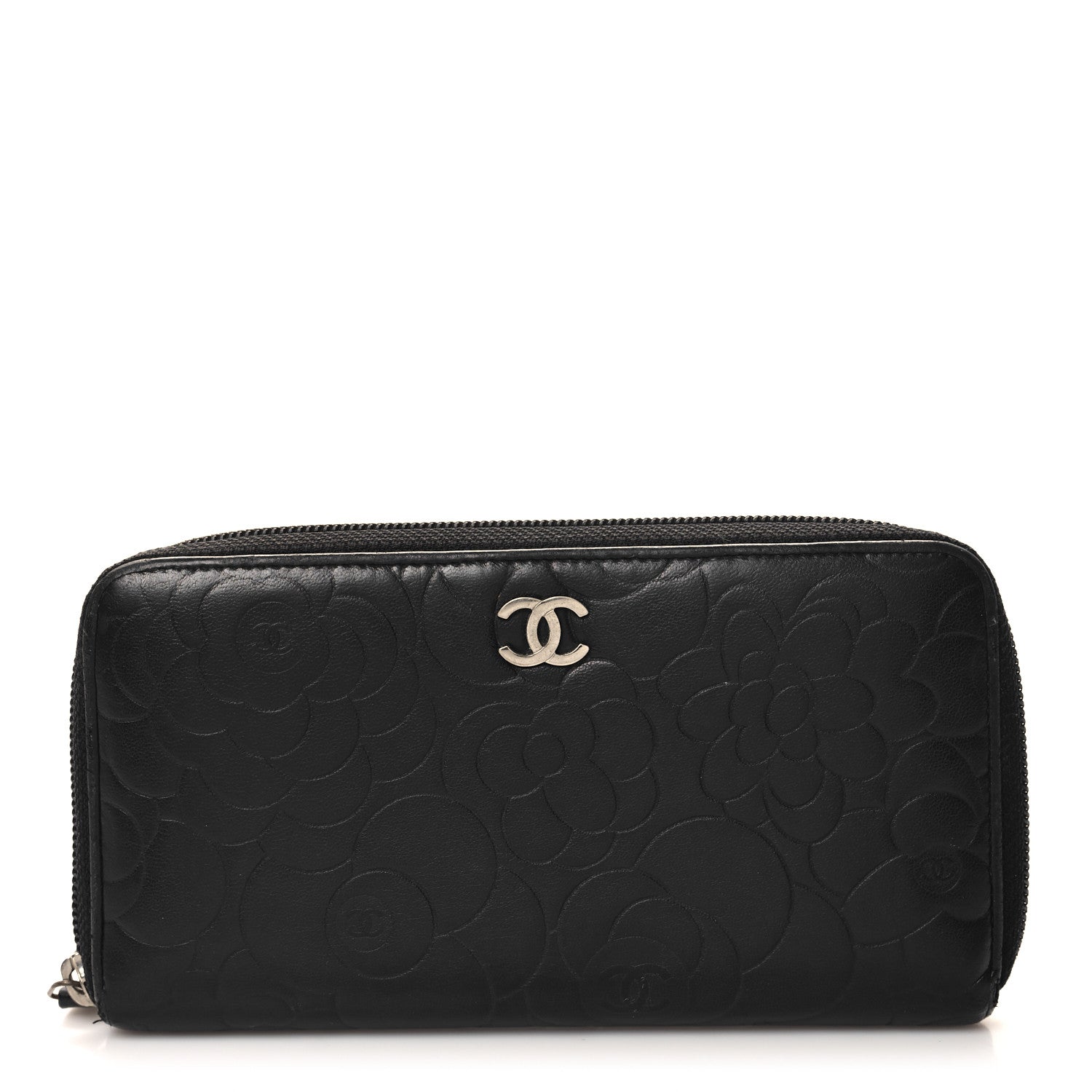 Chanel Lambskin Camellia Embossed Large Zip Around Gusset Wallet Black 1 of 11