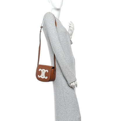 Celine Smooth Calfskin Cuir Triomphe Embroidered Folco Crossbody Bag Tan 2 of 10