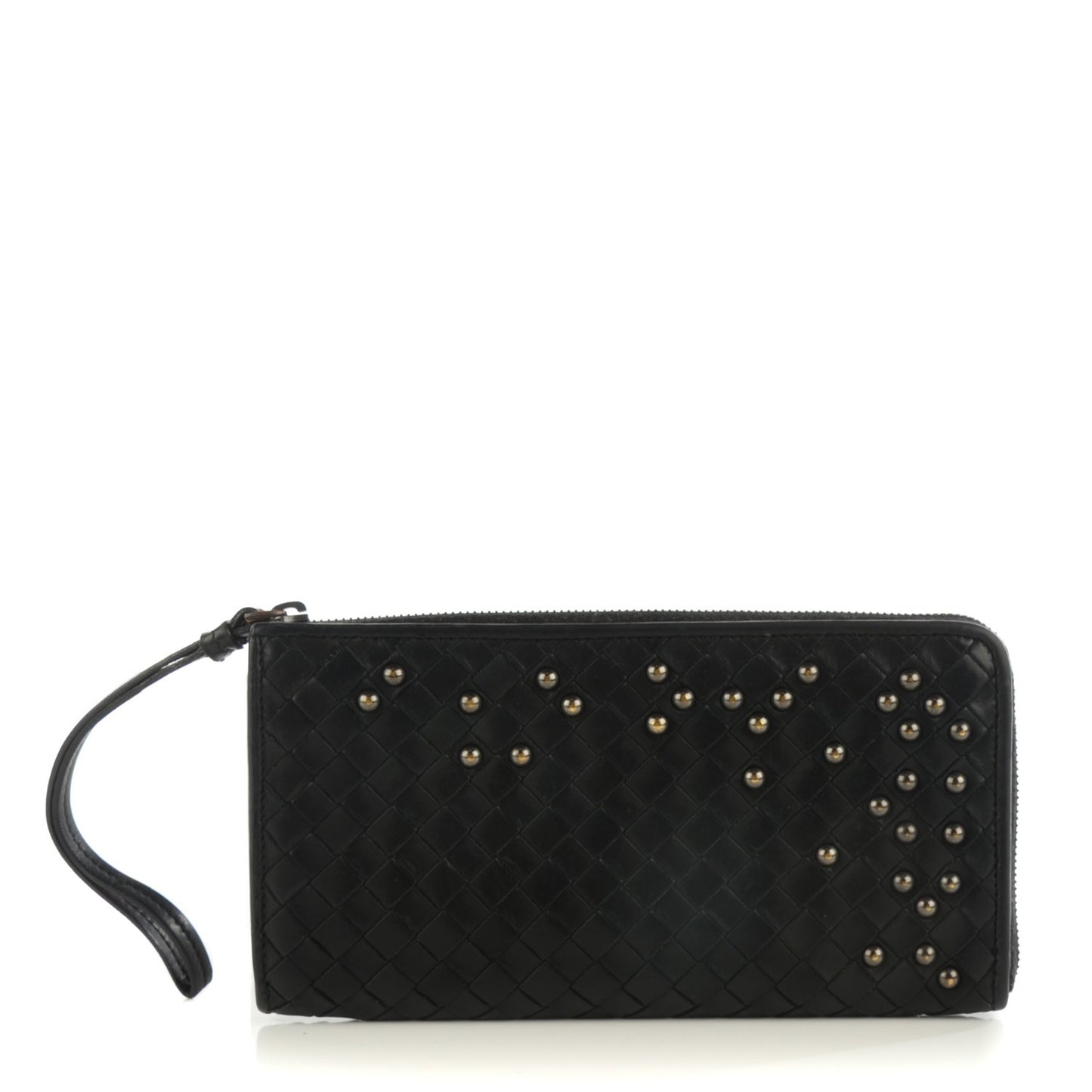 Waxed Calfskin Intrecciato Studded Wristlet Wallet Nero Black