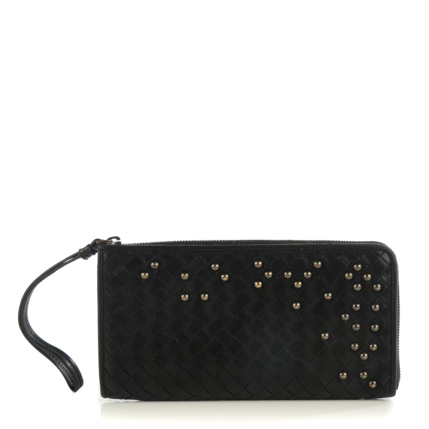 Bottega Veneta Waxed Calfskin Intrecciato Studded Wristlet Wallet Nero Black 1 of 8
