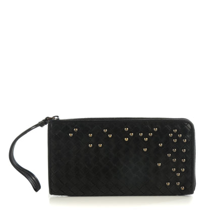 Bottega Veneta Waxed Calfskin Intrecciato Studded Wristlet Wallet Nero Black 1 of 8