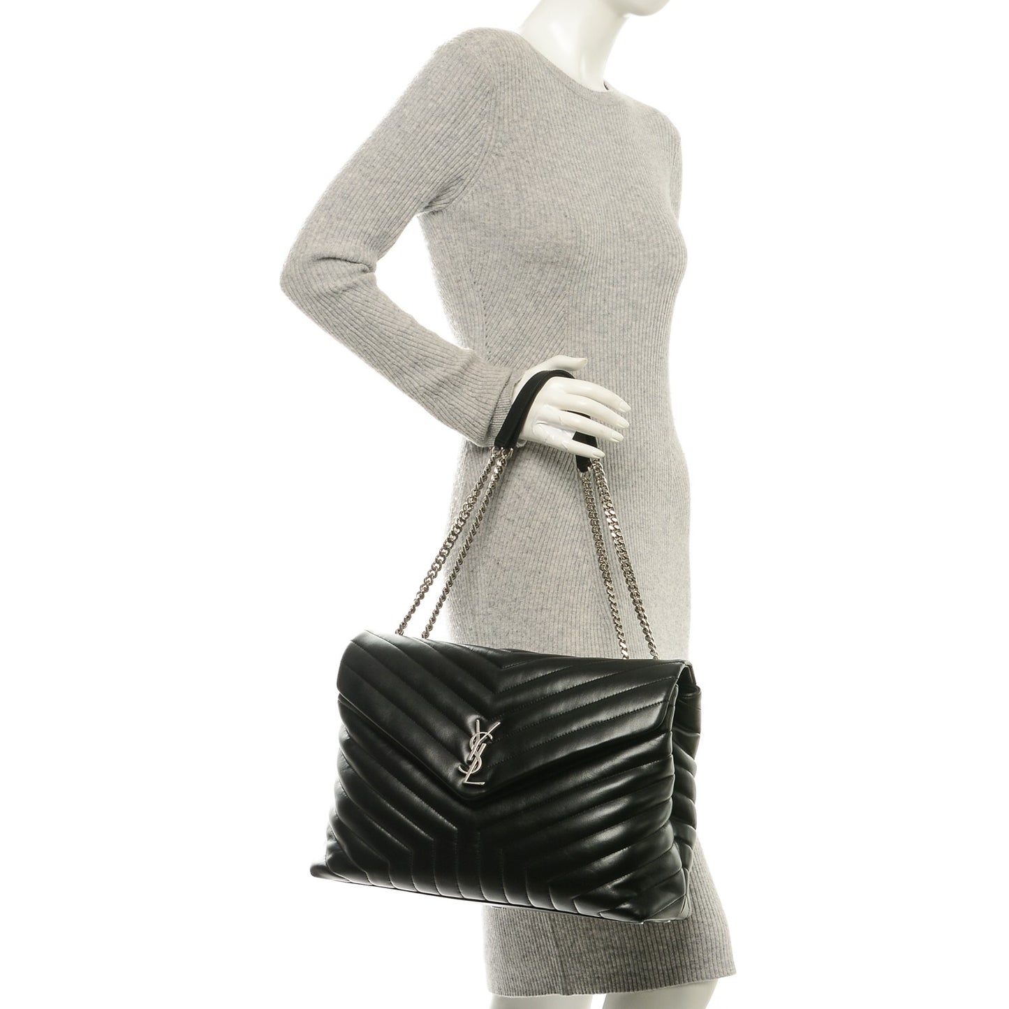 Calfskin Y Quilted Monogram Large Loulou Chain Satchel Black