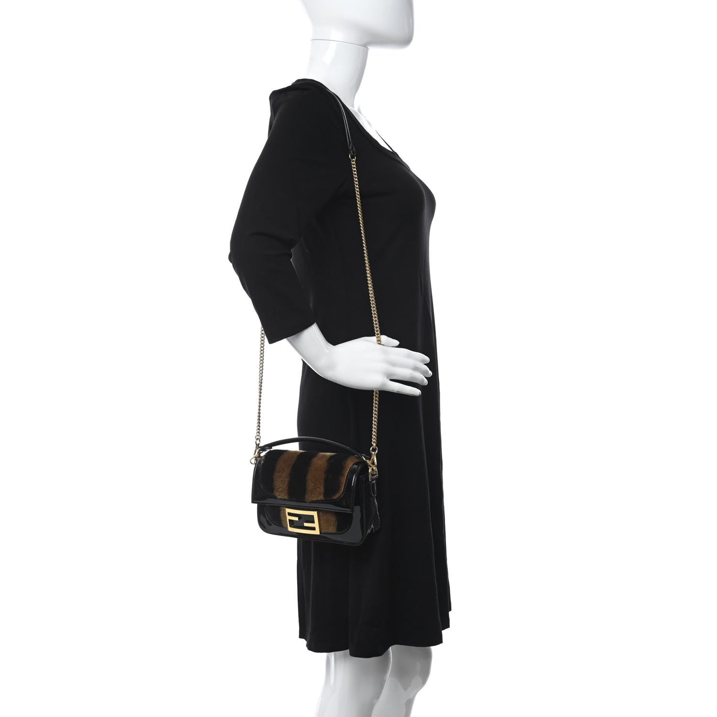 Shearling Vitello Vernice Mou Pequin Striped Mini Baguette Tobacco Black