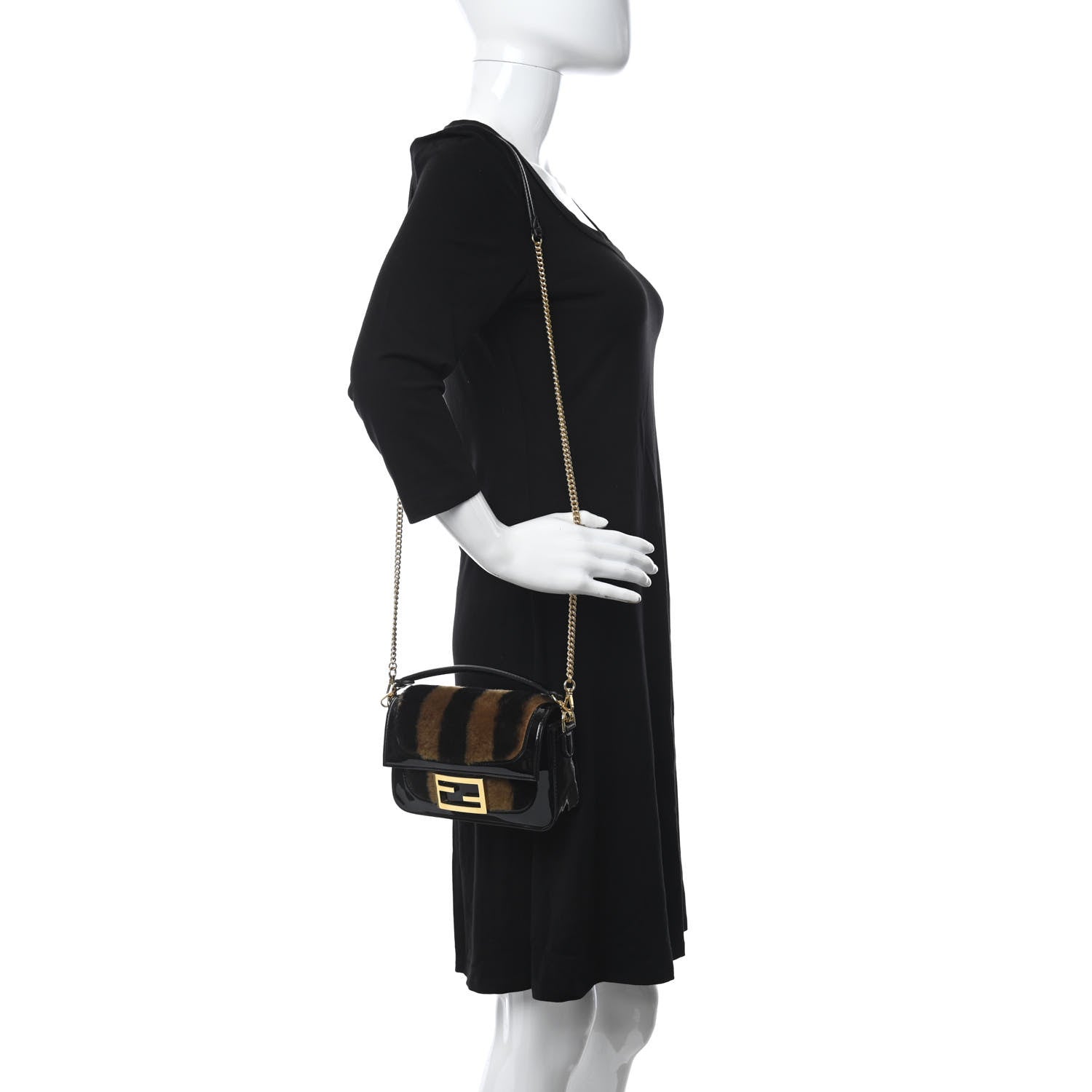 Fendi Shearling Vitello Vernice Mou Pequin Striped Mini Baguette Tobacco Black 2 of 11