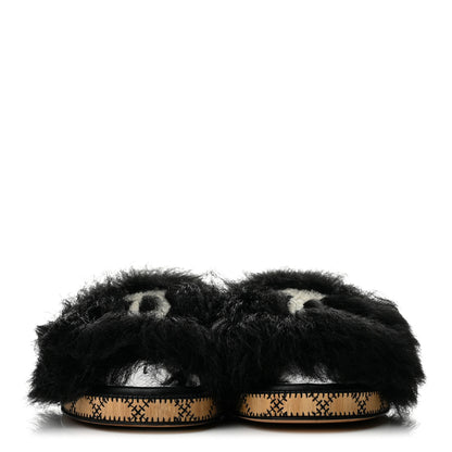 Chanel Shearling Lambskin CC Mules Sandal 37 Black White 3 of 10