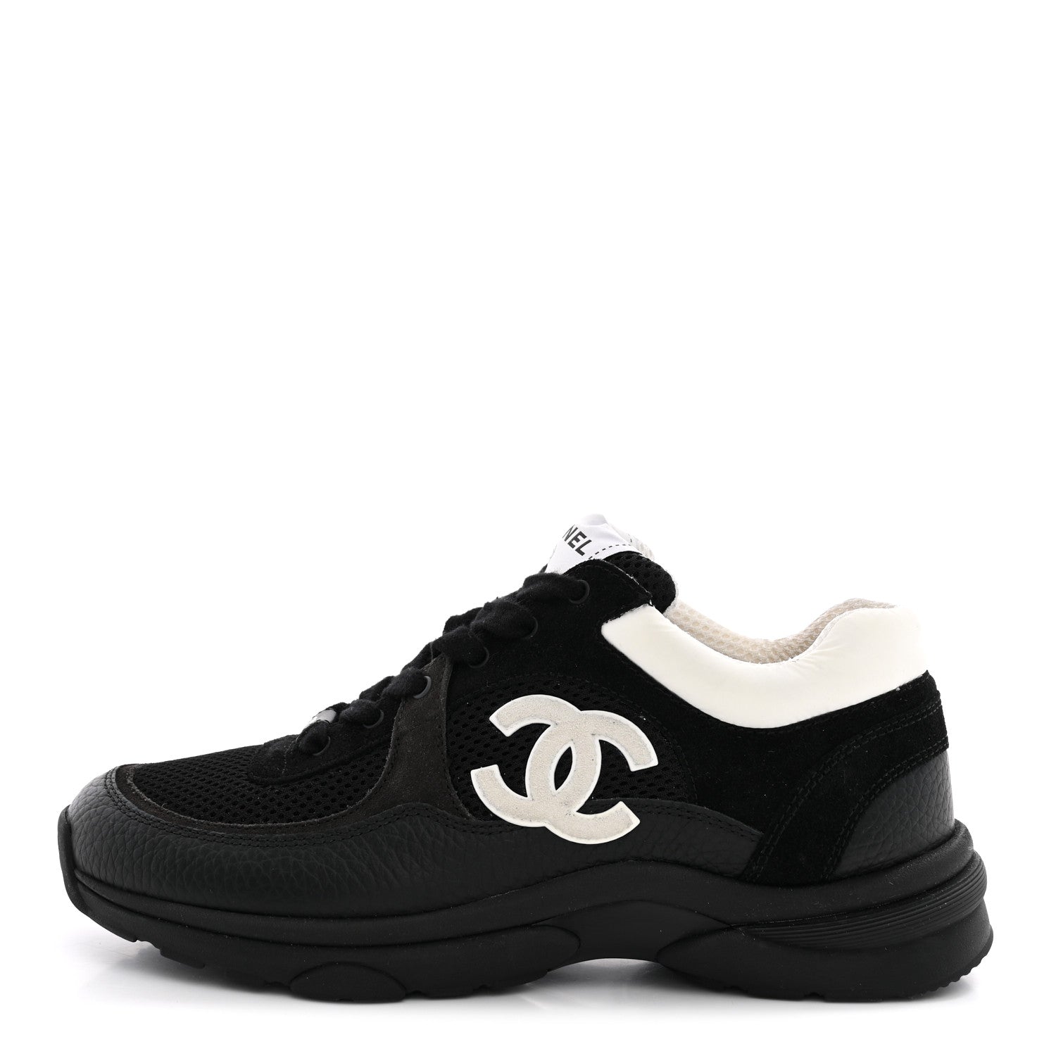 Chanel Mesh Suede Grained Calfskin Womens CC Sneakers 38.5 Black White 1 of 10