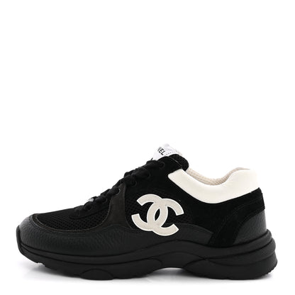 Chanel Mesh Suede Grained Calfskin Womens CC Sneakers 38.5 Black White 1 of 10
