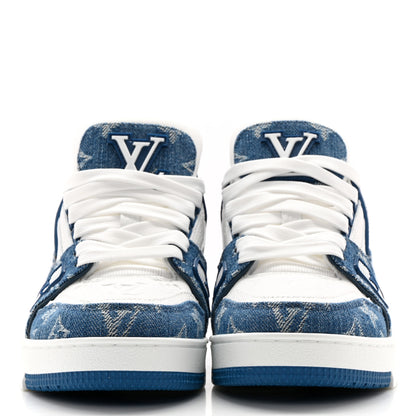 Louis Vuitton Calfskin Embossed Monogram Denim Womens LV Trainer Sneakers 36 Blue 2 of 9