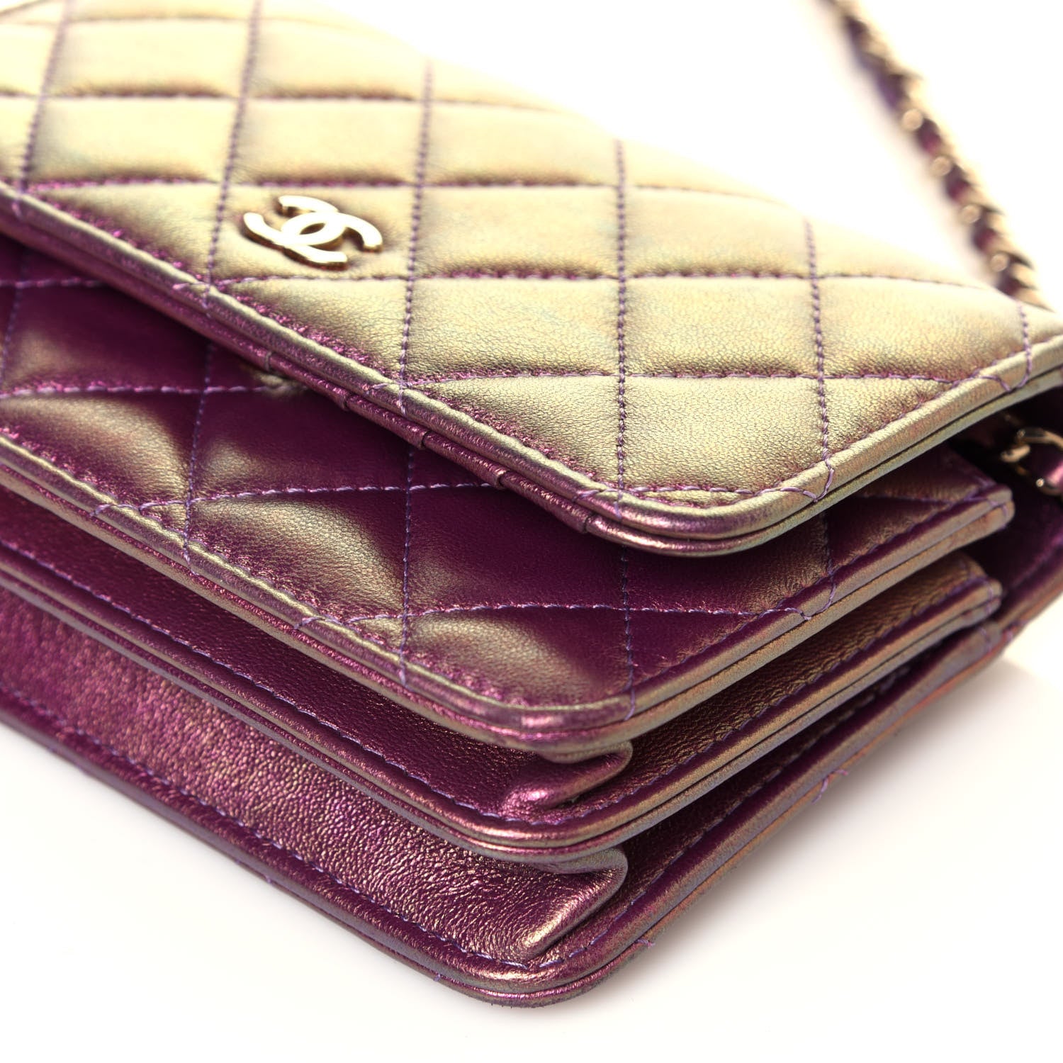 Chanel Iridescent Lambskin Quilted Mini Wallet On Chain WOC Purple 9 of 12