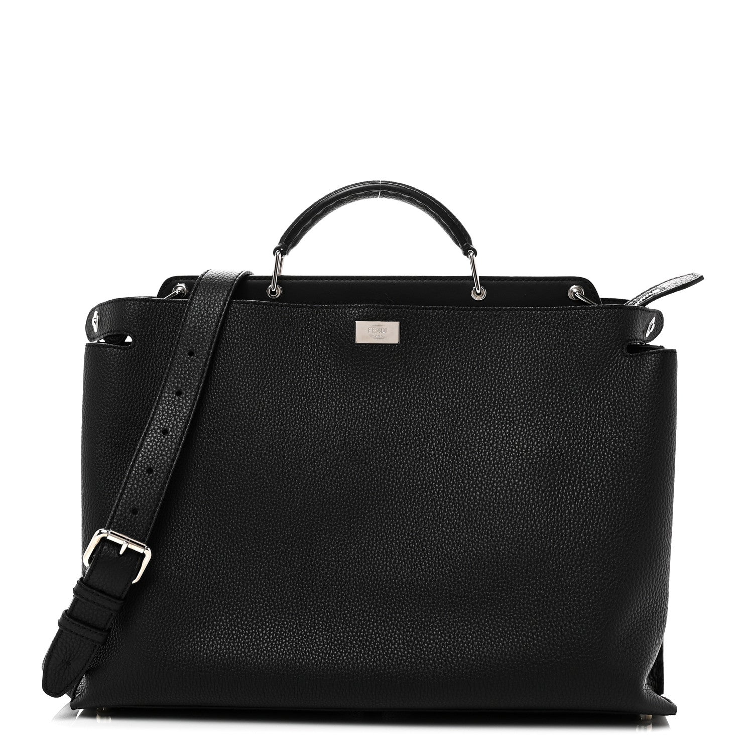 Fendi Cuoio Romano Selleria Vitello Grace Glazed Fabric FF 1974 Large Peekaboo Iconic Essential Satchel Black 1 of 10