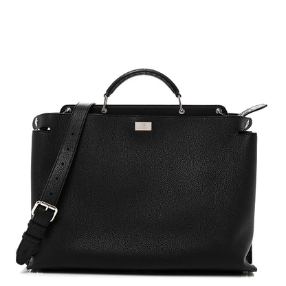 Fendi Cuoio Romano Selleria Vitello Grace Glazed Fabric FF 1974 Large Peekaboo Iconic Essential Satchel Black 1 of 10