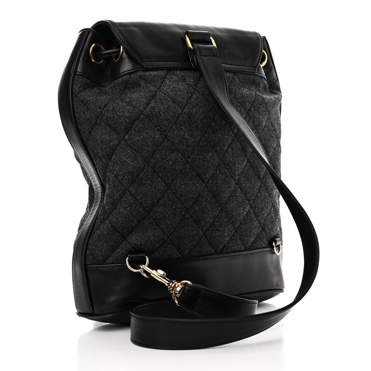 Chanel Lambskin Wool Quilted Drawstring Sling Backpack Black Grey 4 of 14