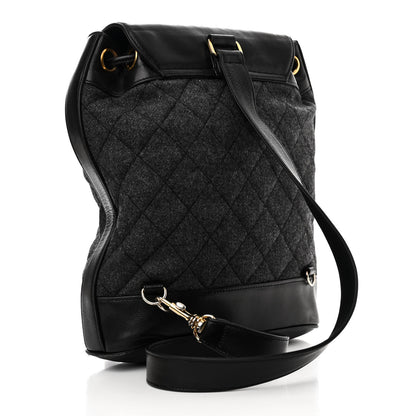 Chanel Lambskin Wool Quilted Drawstring Sling Backpack Black Grey 4 of 14