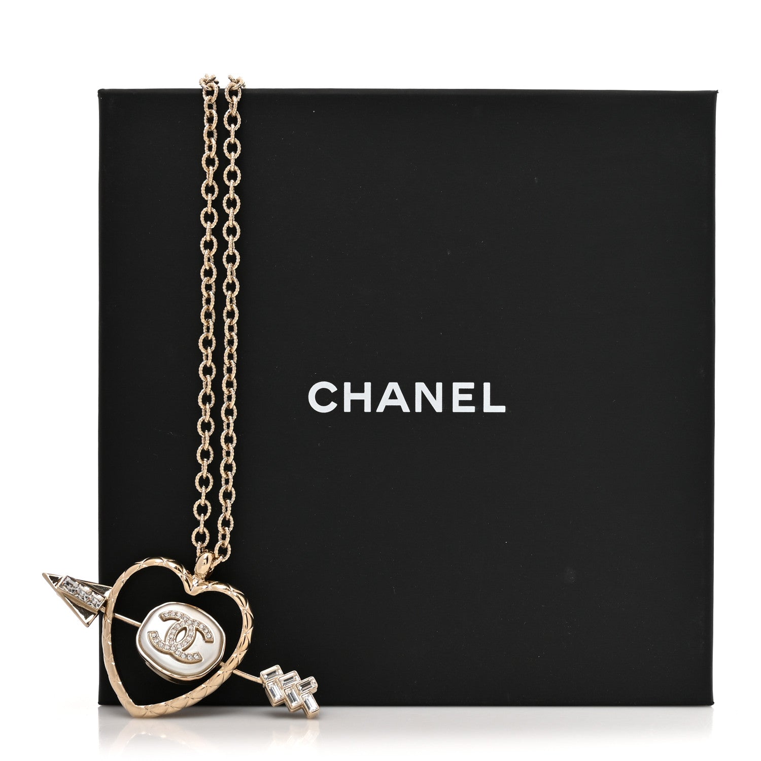 Chanel Baguette Crystal Pearl CC Heart Arrow Pendant Necklace Gold 5 of 5