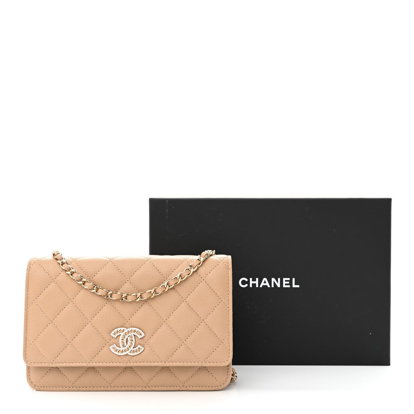 Caviar Quilted Crystal CC Wallet On Chain WOC Beige