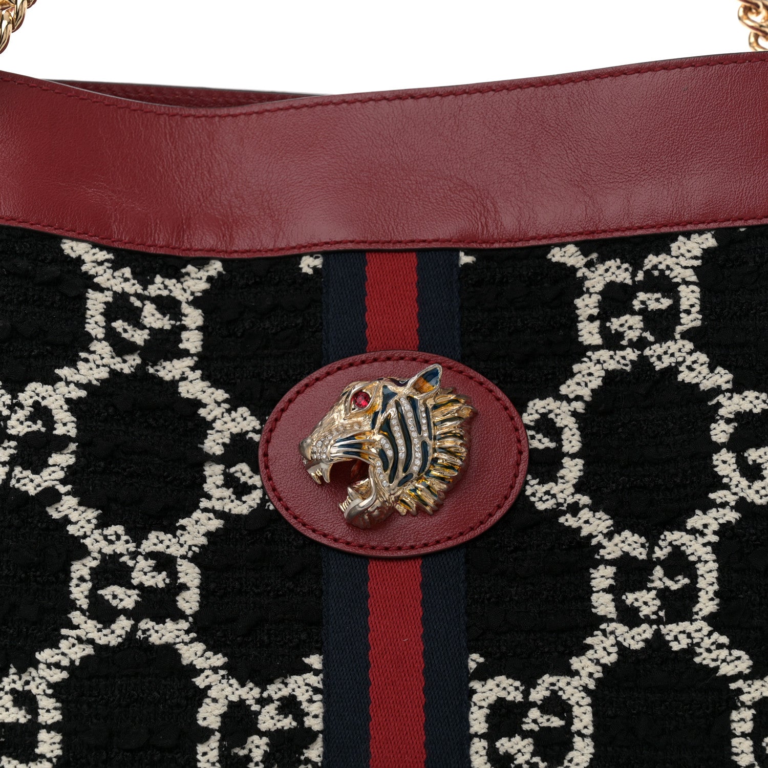 Gucci Tweed GG Monogram Large Rajah Chain Tote Romantic Cherry Black White 8 of 12