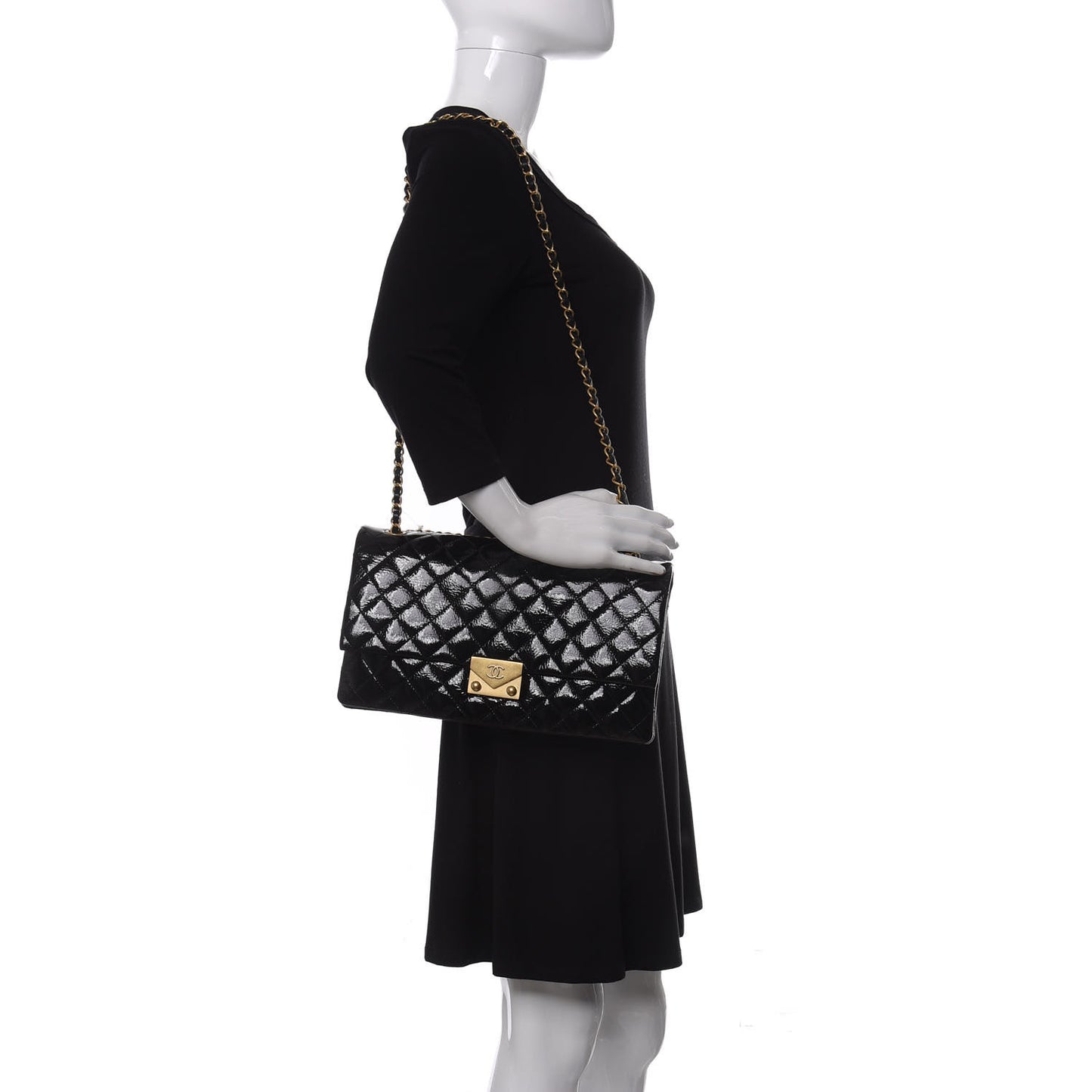 Patent Goatskin Quilted 3 Pocket Accordion Flap Black