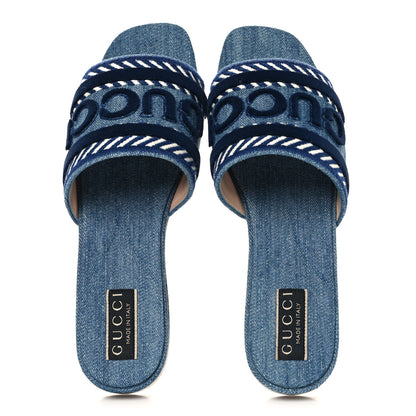 Gucci New Denim Logo Embroidered Slide Sandal 37.5 Light Blue 2 of 10