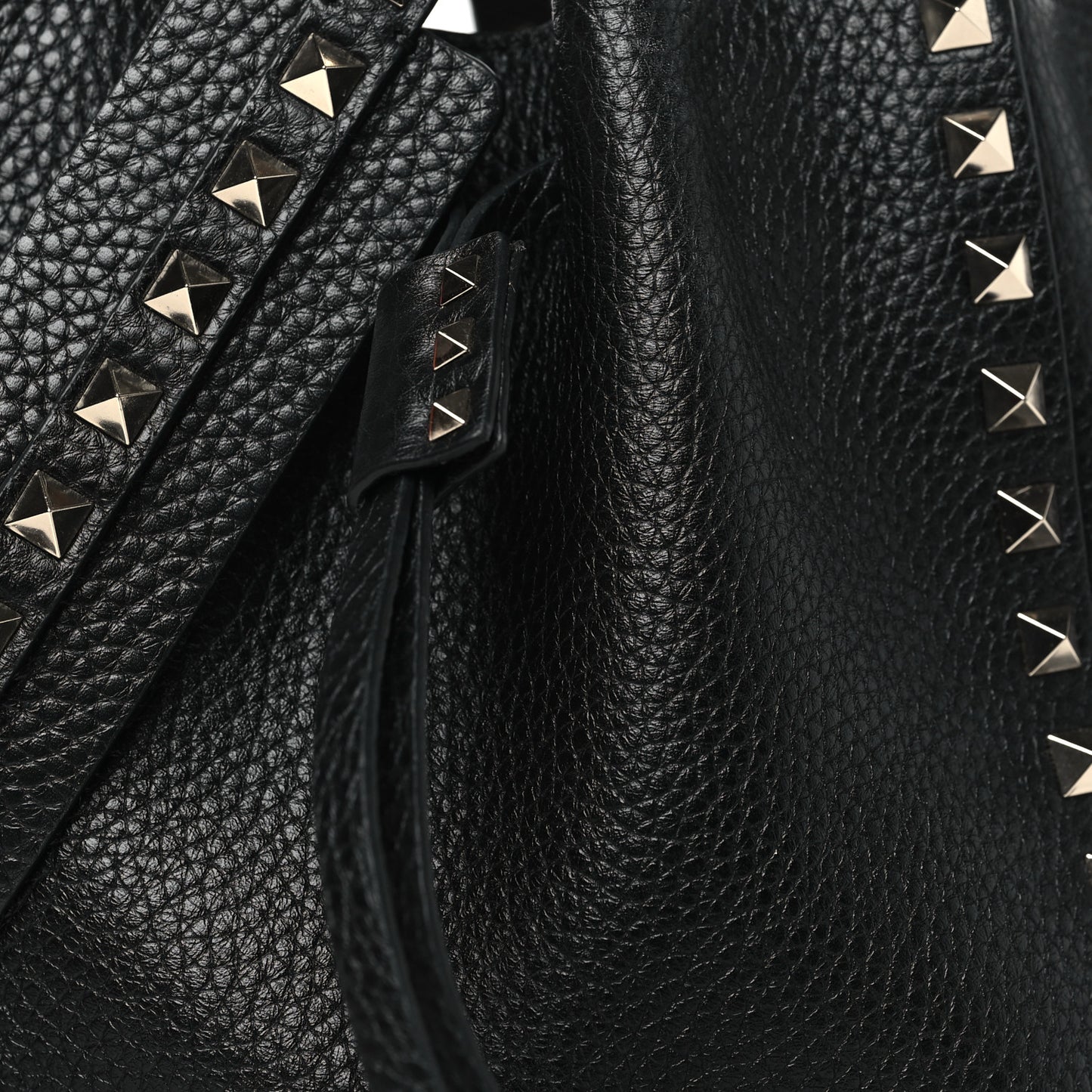Grained Calfskin Rockstud Bucket Bag Black
