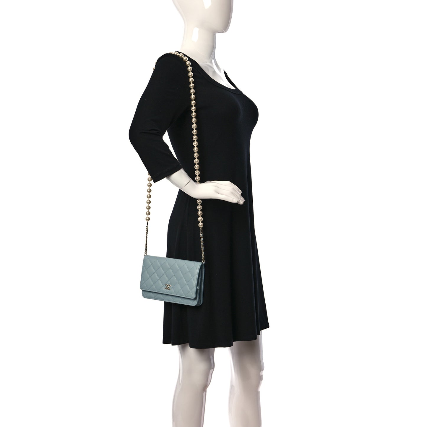 Lambskin Quilted Pearl Wallet On Chain WOC Light Blue