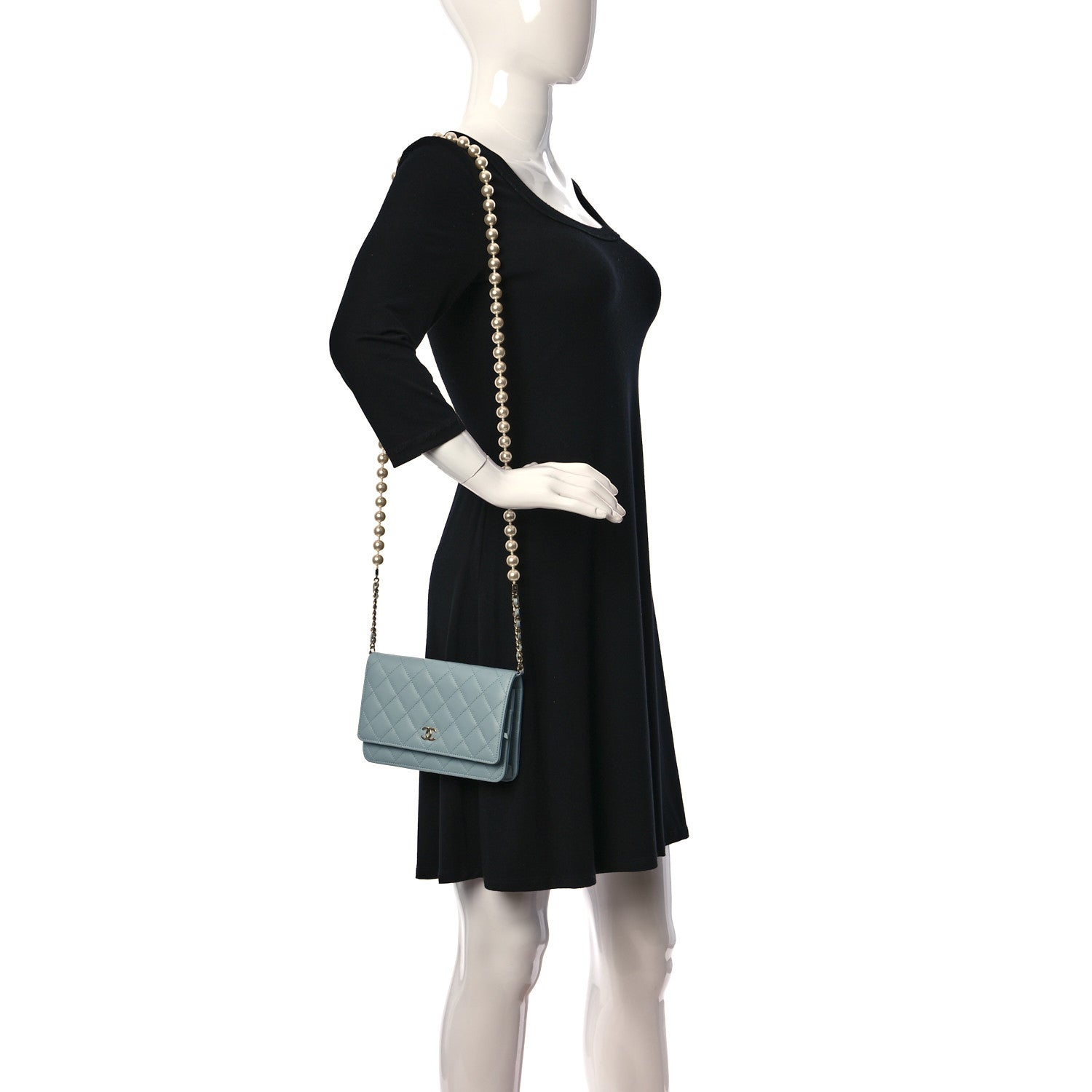 Chanel Lambskin Quilted Pearl Wallet On Chain WOC Light Blue 2 of 12