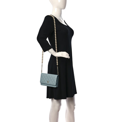 Chanel Lambskin Quilted Pearl Wallet On Chain WOC Light Blue 2 of 12