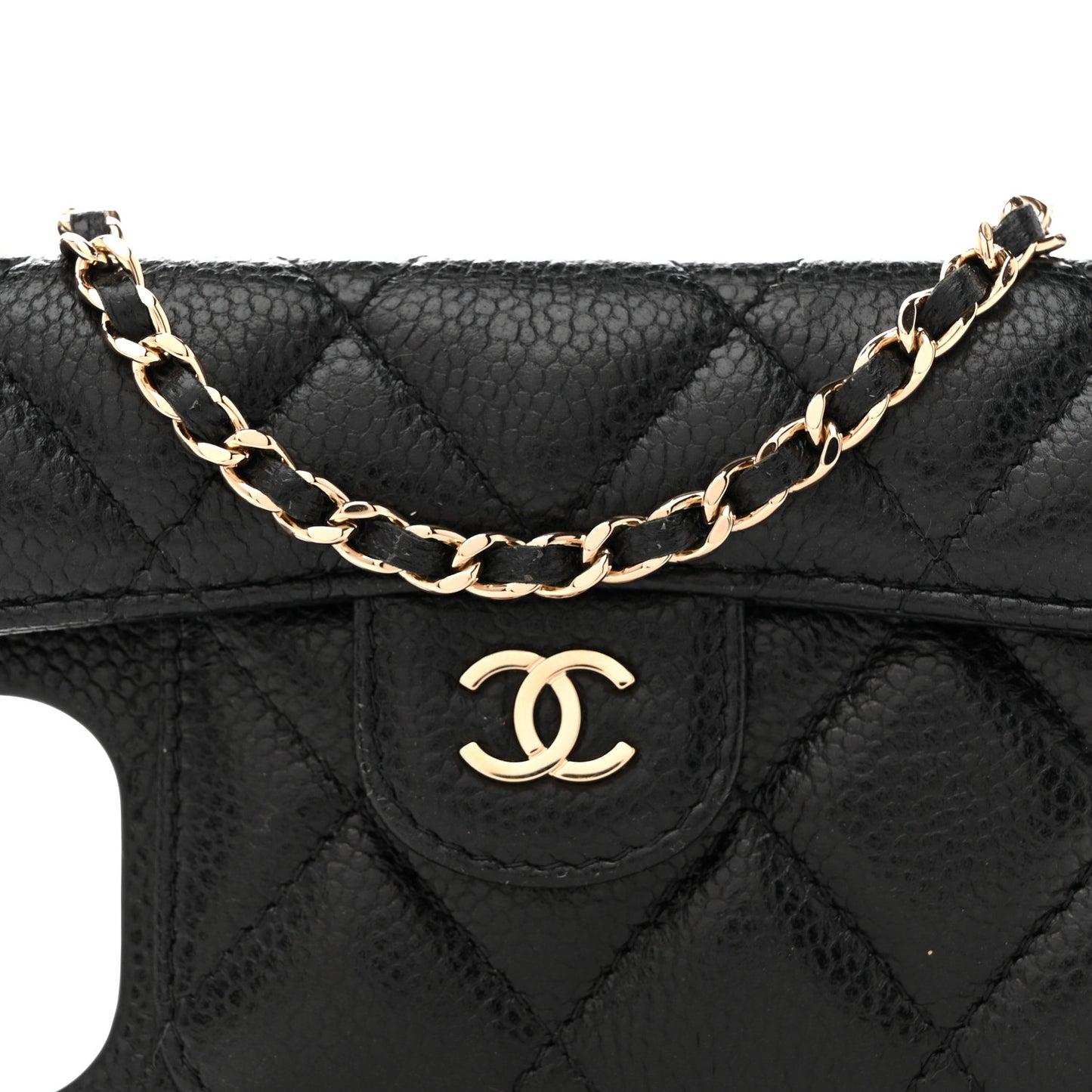 Caviar Quilted Pearl Crush iPhone XII Pro Max Holder With Chain Black