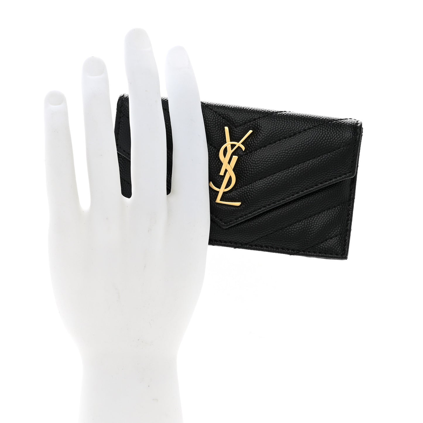 SAINT LAURENT Grain De Poudre Matelasse Chevron Monogram Compact Wallet Black
