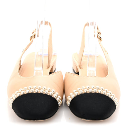 Chanel Lambskin Grosgrain Pearl Cap Toe CC Slingback Flats 39 Beige Black 3 of 10