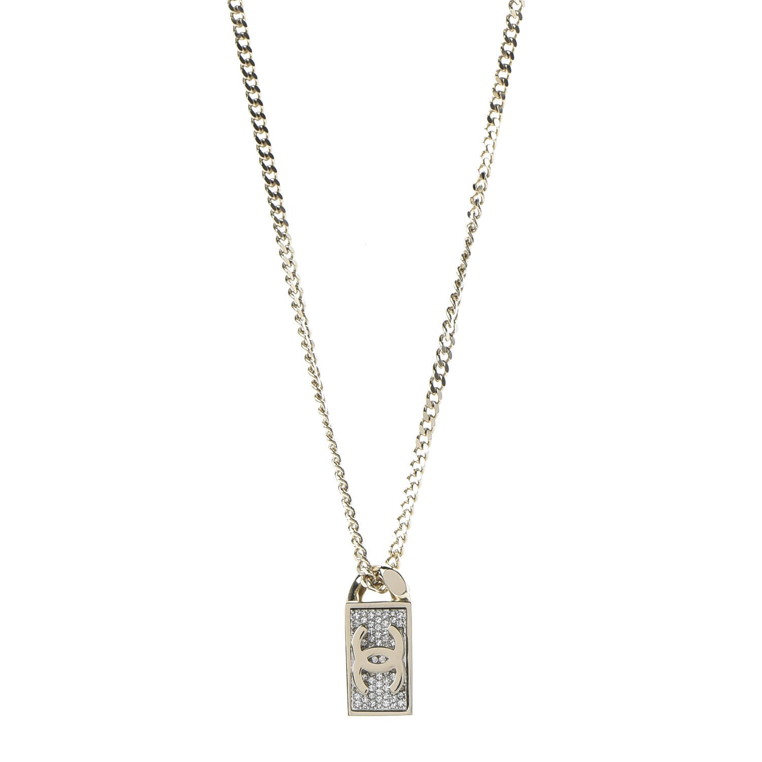 Chanel Crystal Dog Tag Charm Necklace Gold 1 of 7