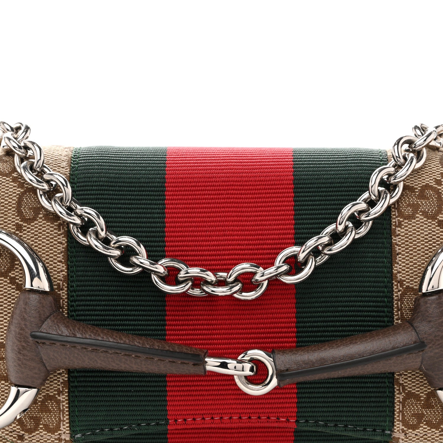 Gucci Monogram Textured Dollar Calfskin Heavy Grosgrain Web Small Maxi Horsebit Chain Shoulder Bag Beige Ebony New Acero 7 of 9