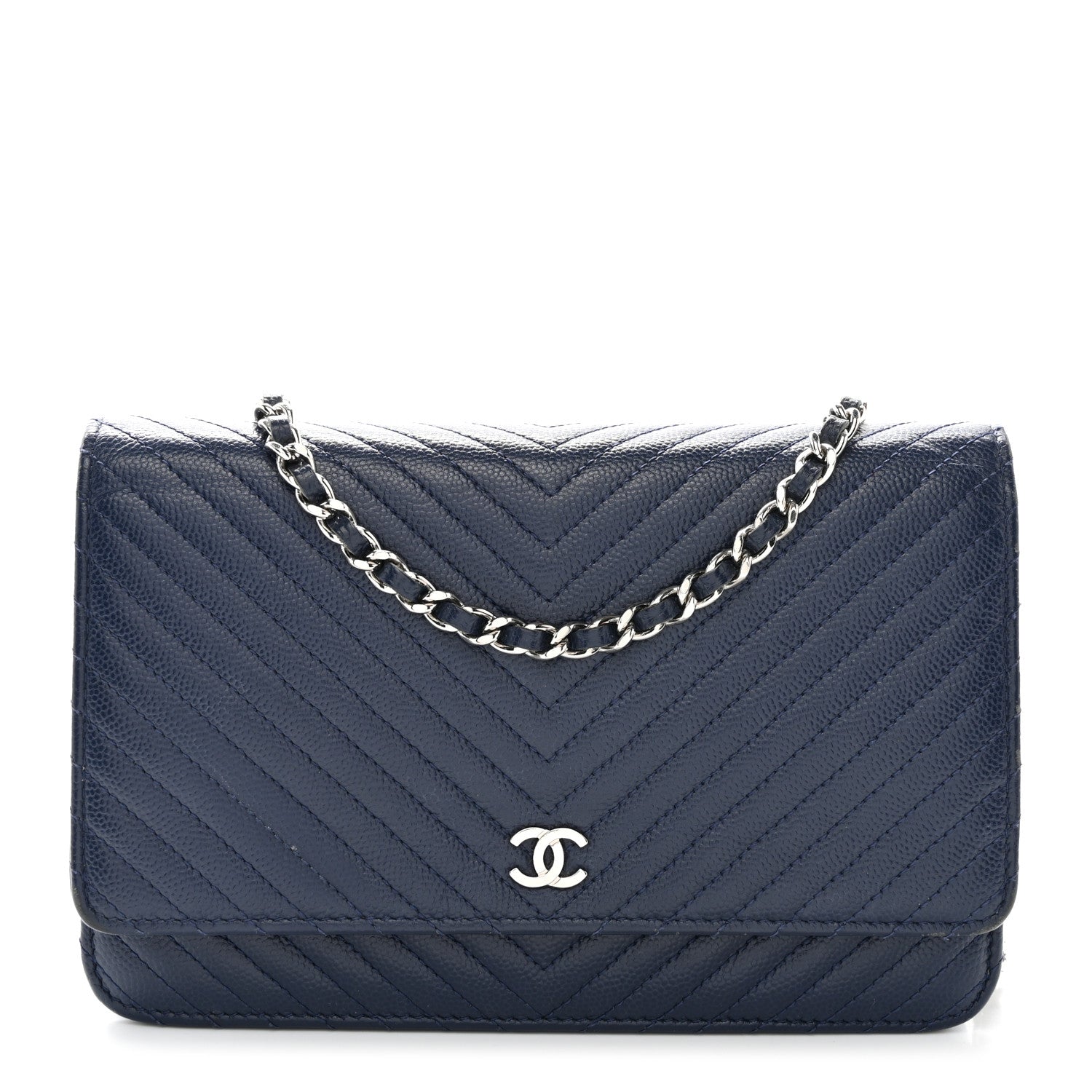 Chanel Caviar Chevron Quilted Wallet On Chain WOC Navy 1 of 13