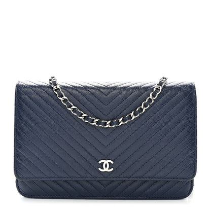 Chanel Caviar Chevron Quilted Wallet On Chain WOC Navy 1 of 13