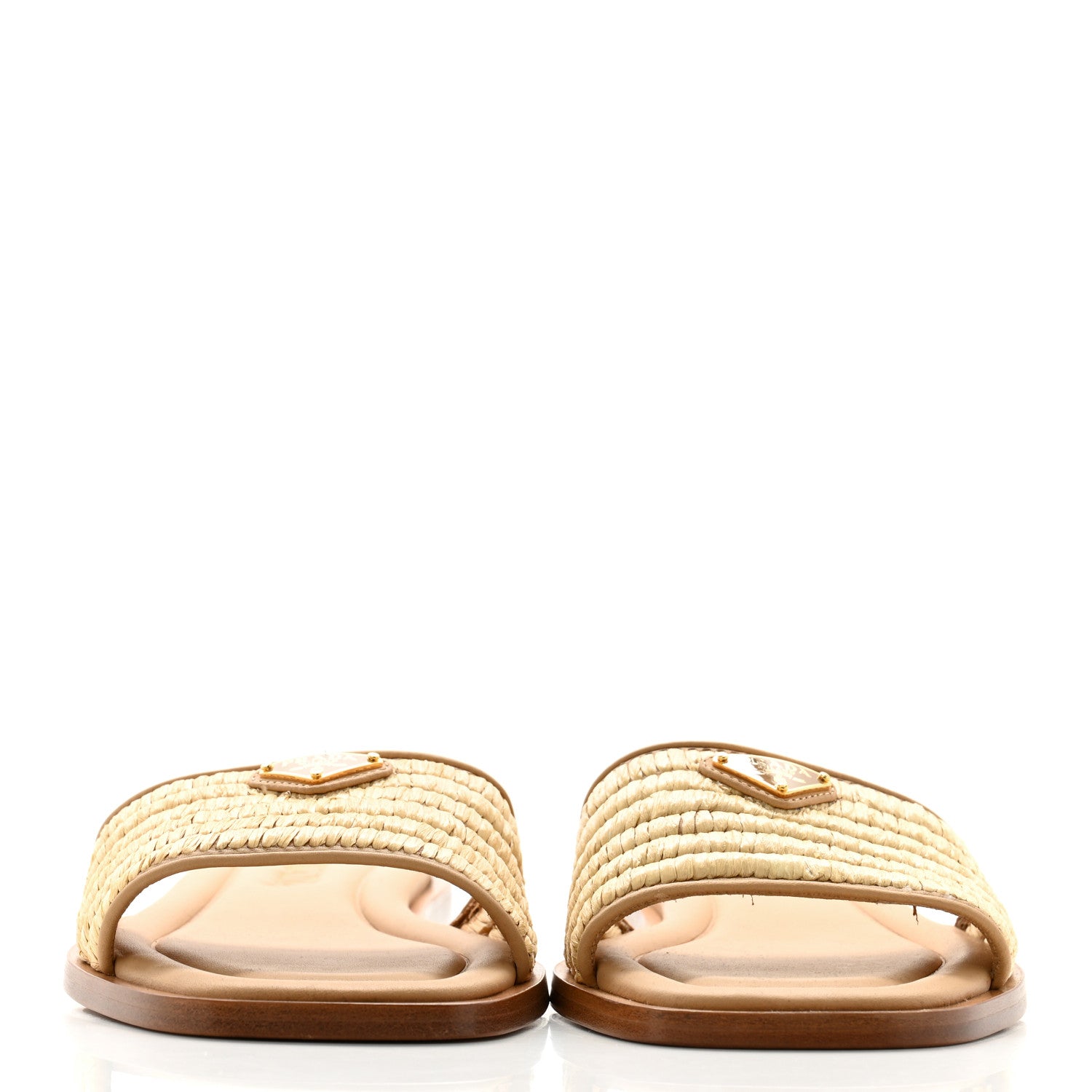 Prada Raffia Metal Triangle Logo 10mm Slide Sandals 37 Naturale 2 of 8