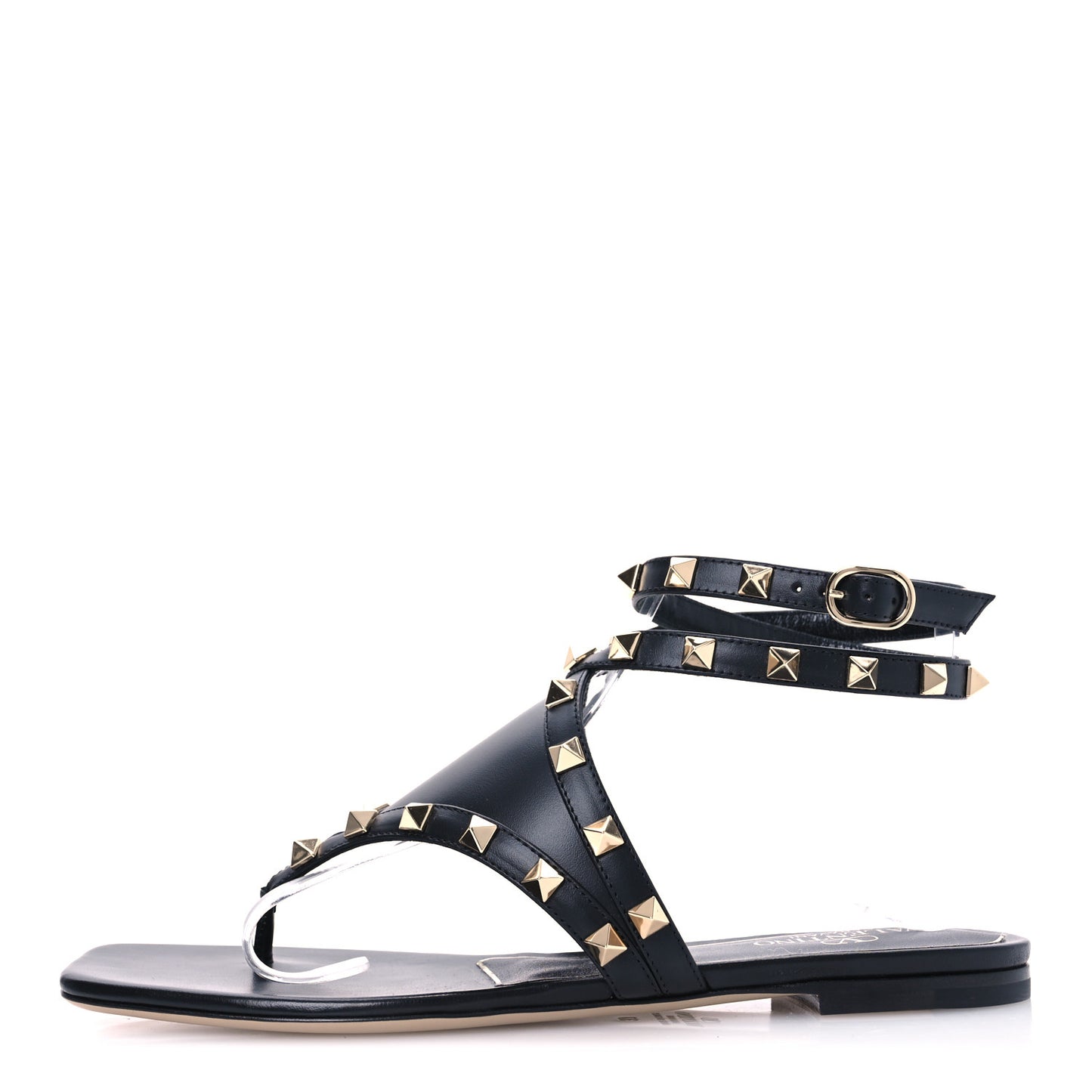 Calfskin Rockstud Ankle Wrap Flat Thong Sandals 37 Black