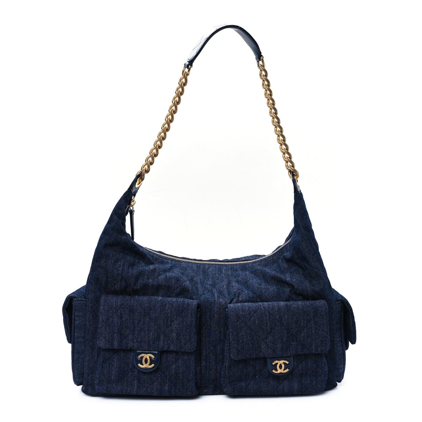 Washed Denim Quilted Cargo Maxi Hobo Dark Blue