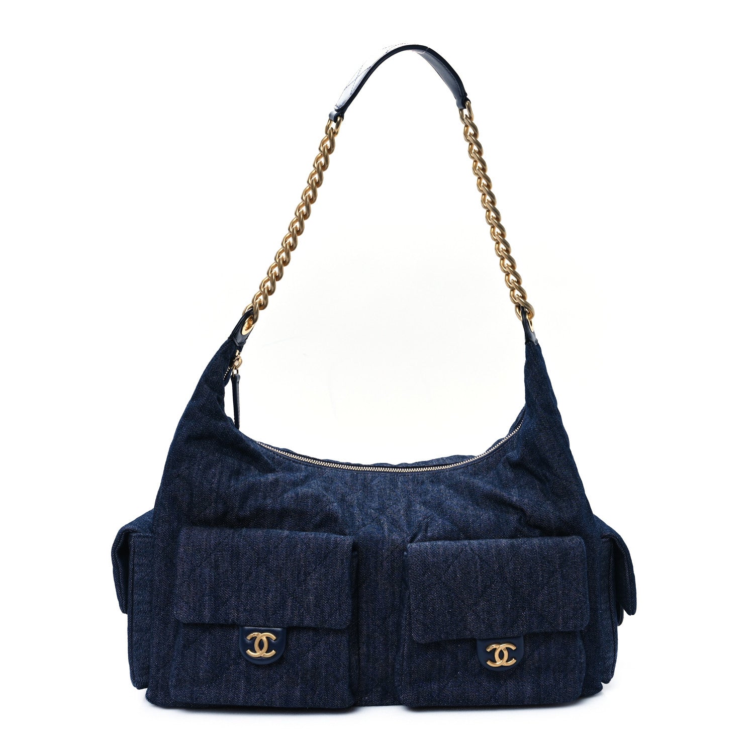 Chanel Washed Denim Quilted Cargo Maxi Hobo Dark Blue 1 of 10