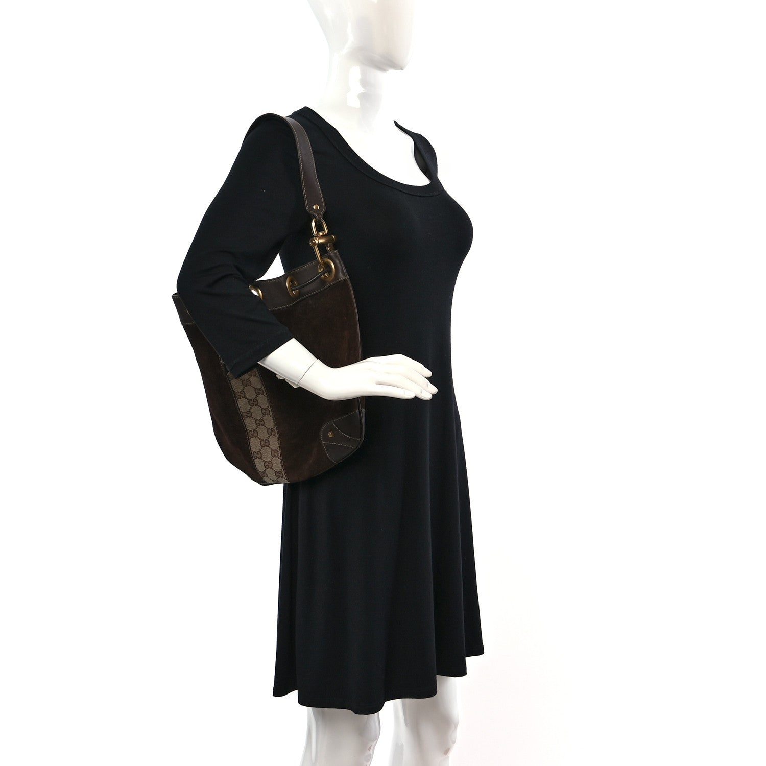 Gucci Suede Monogram Drawstring Bag Brown 2 of 10