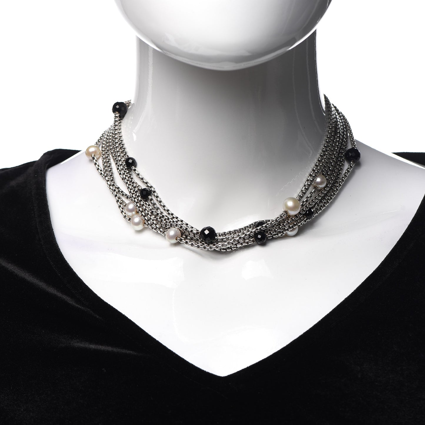 Sterling Silver 18K Yellow Gold Pearl Black Onyx Multi Strand Necklace