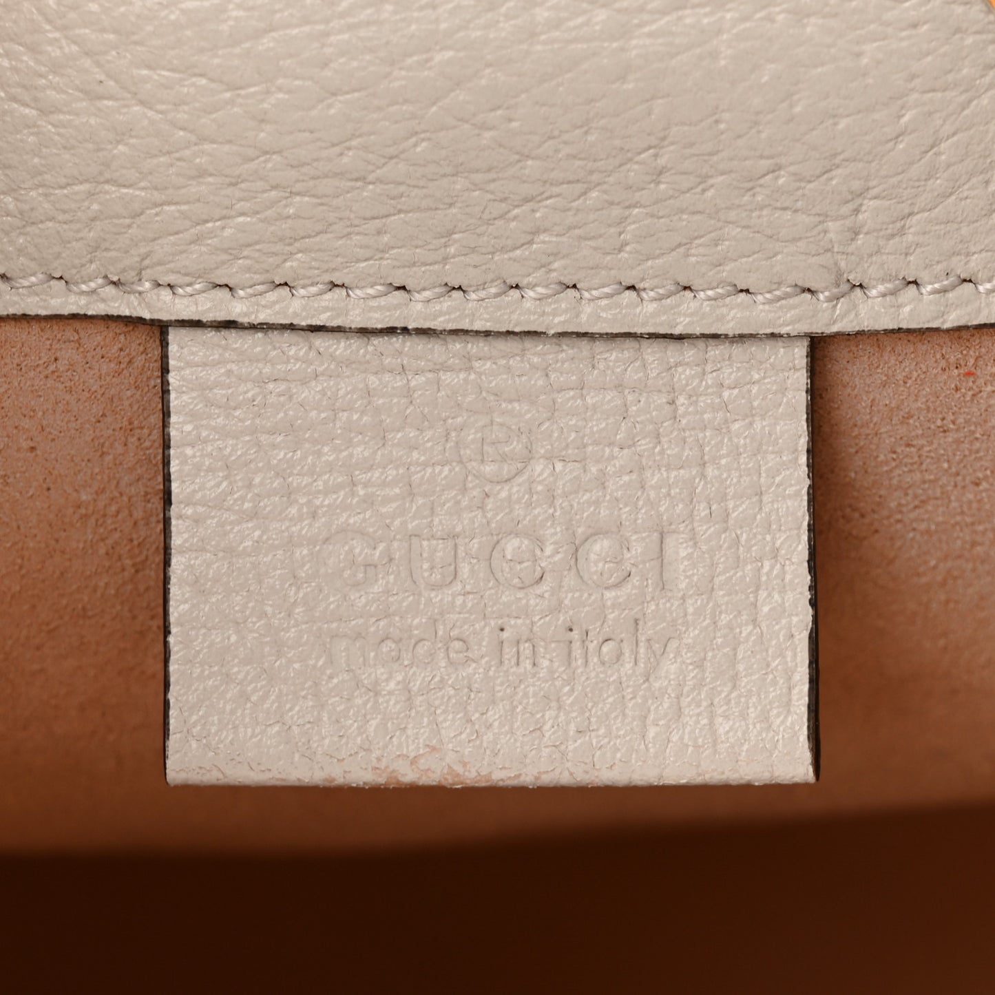 GG Supreme Monogram Textured Calfskin Web Mini Ophidia Bucket Bag Beige Ebony Mystic White