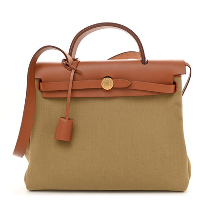 Hermes Military Toile Vache Hunter Herbag Zip Retourne 31 PM Poussiere Fauve 3 of 13