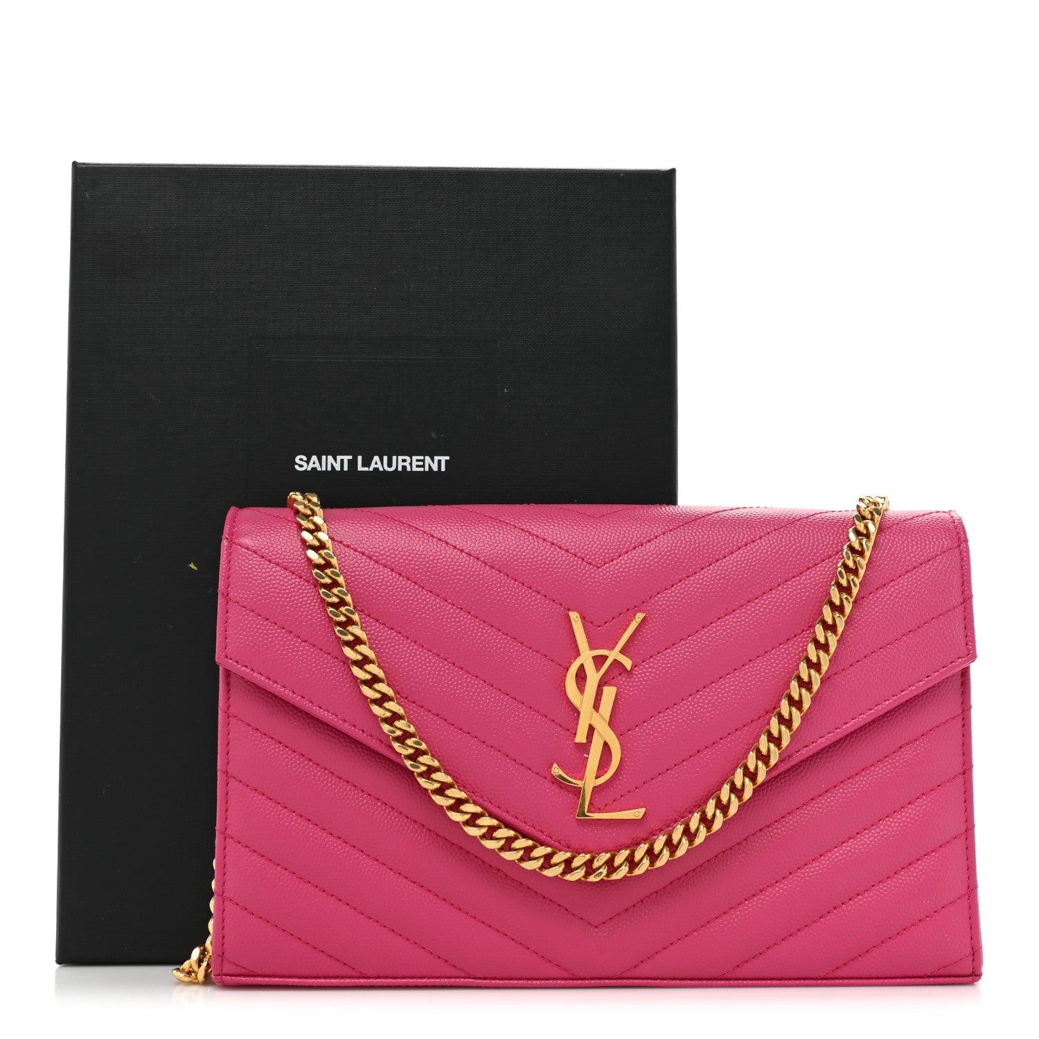 Saint Laurent Grain De Poudre Matelasse Chevron Cassandre Chain Wallet Lipstick Fuschia 17 of 17