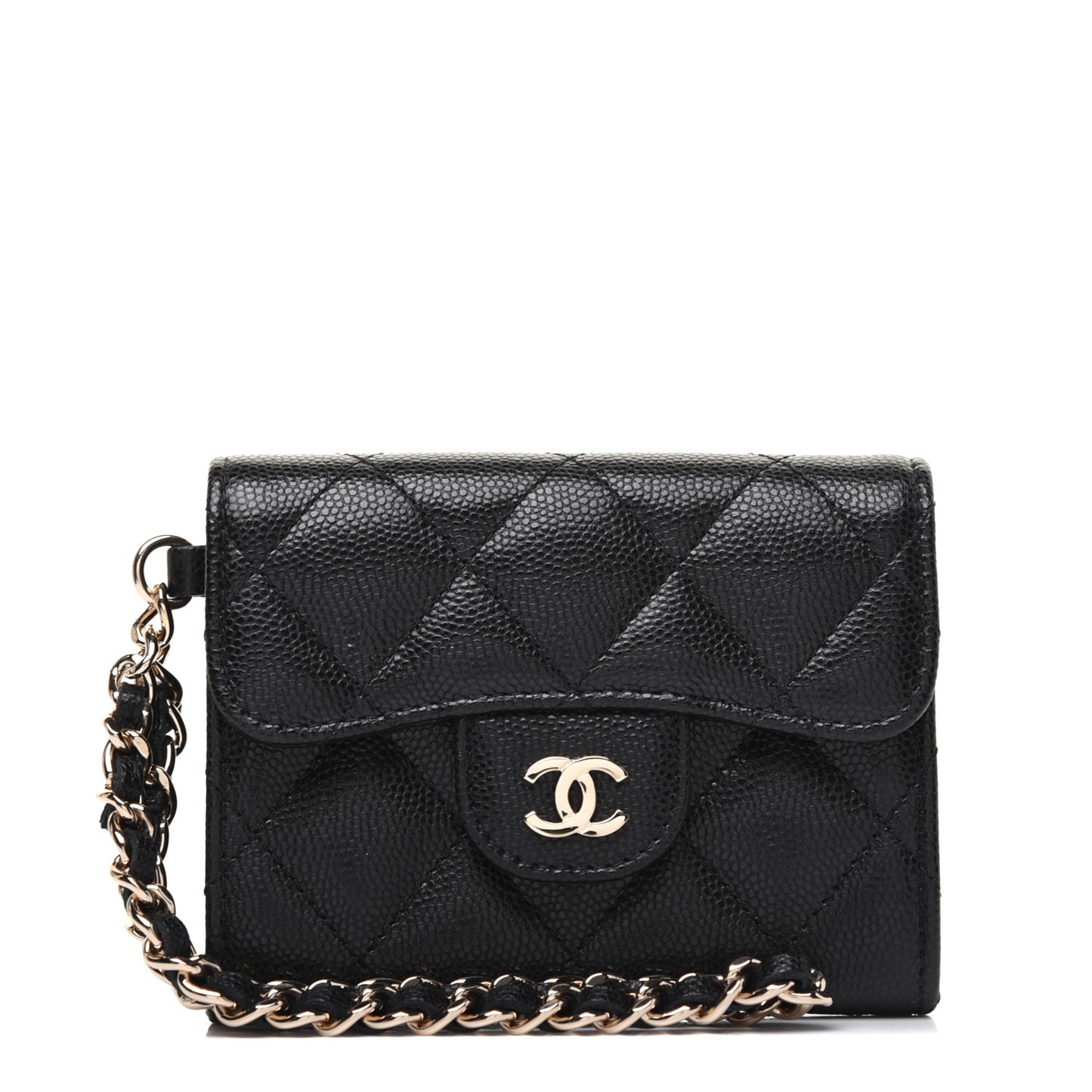Caviar Quilted Flap Card Holder Chain Wristlet Black