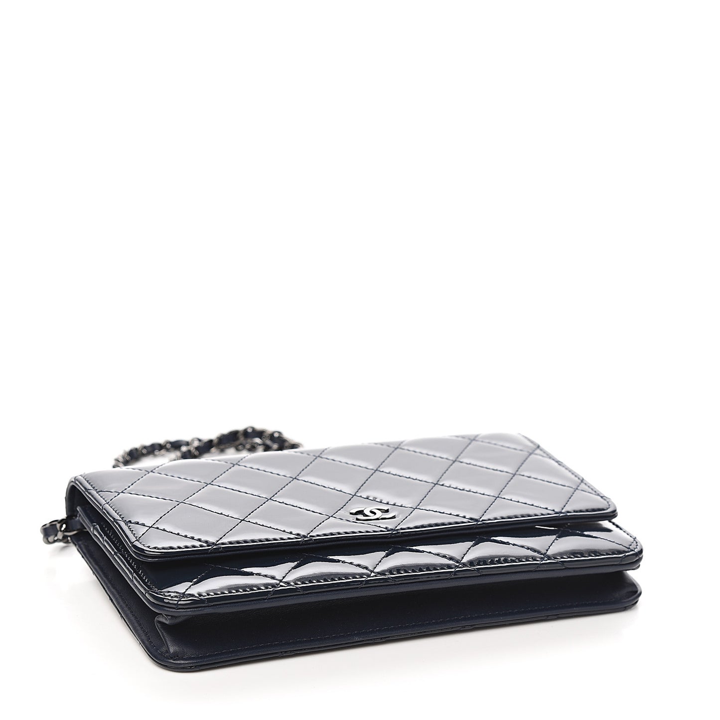 Patent Quilted Wallet On Chain WOC Navy Blue