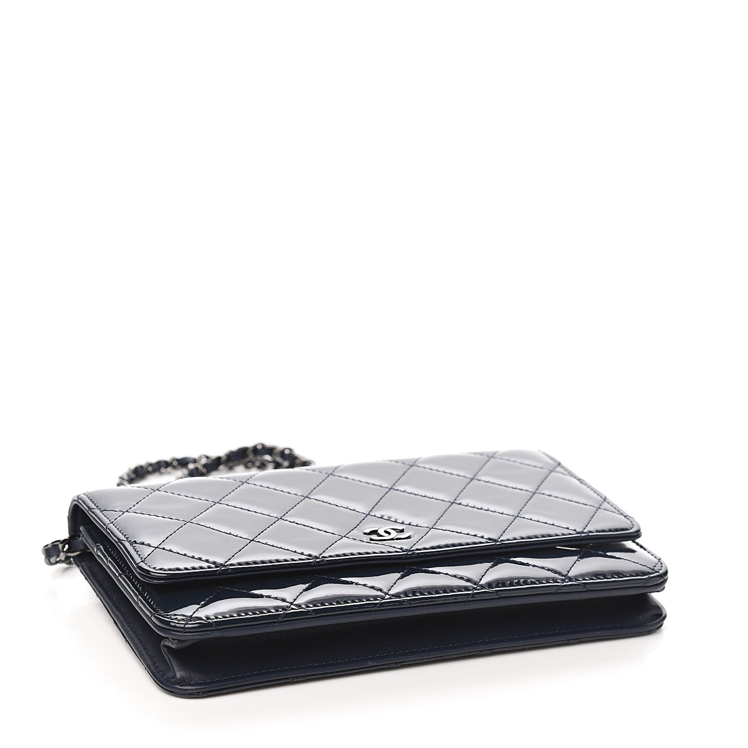Chanel Patent Quilted Wallet On Chain WOC Navy Blue 3 of 9
