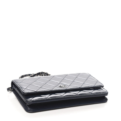 Chanel Patent Quilted Wallet On Chain WOC Navy Blue 3 of 9