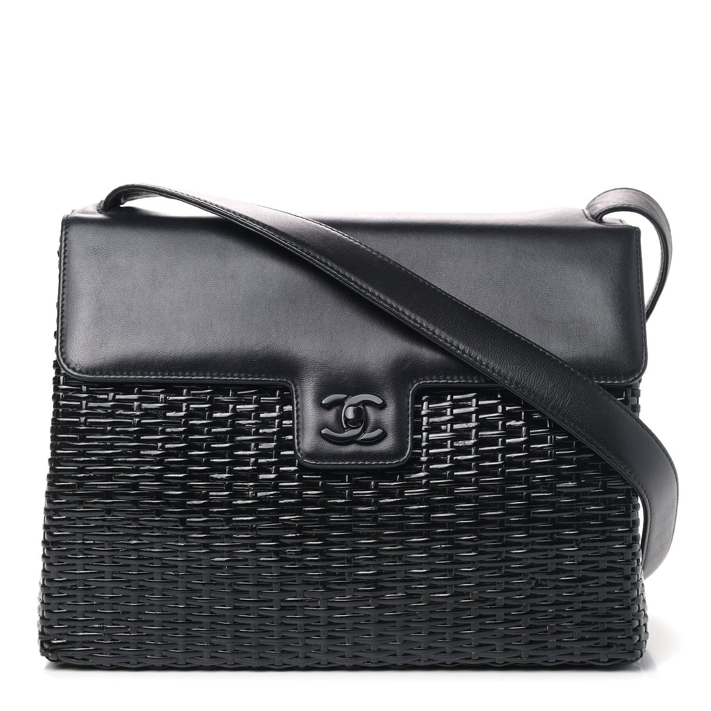Calfskin Rattan Basket Flap Shoulder Bag Black