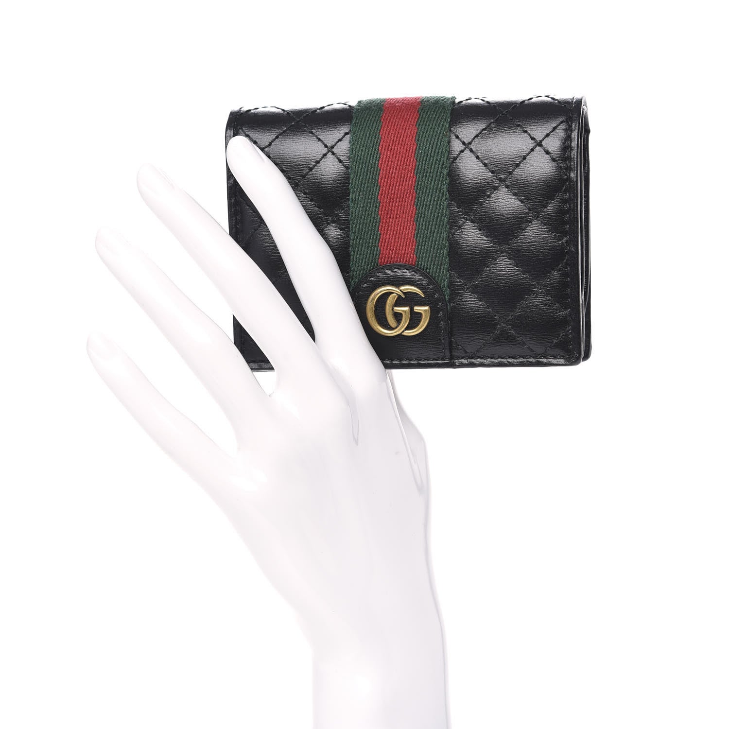 Gucci Calfskin Web Trapuntata GG Marmont Card Case Wallet Black 2 of 9