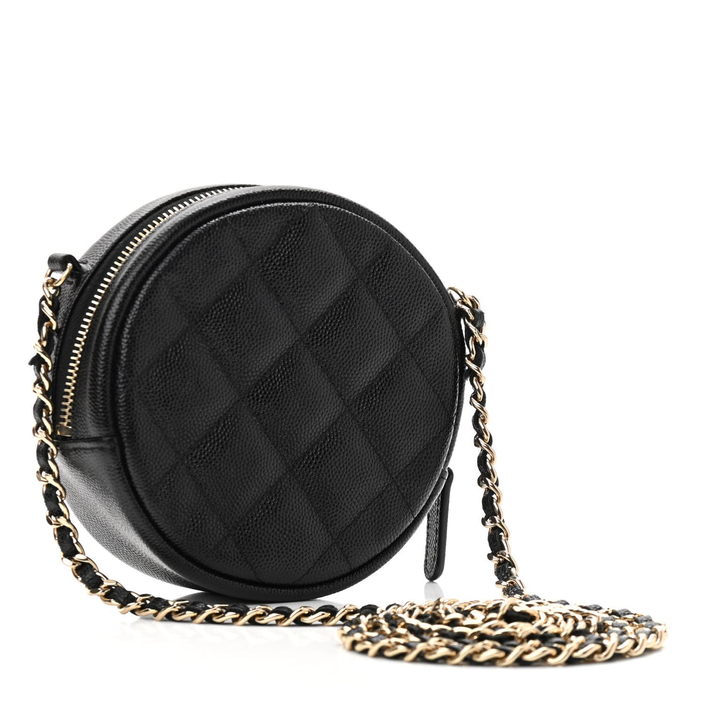 Caviar Quilted Round Clutch With Chain Black